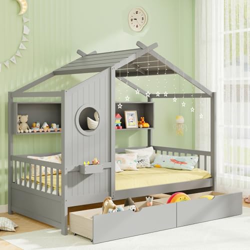 Twin Size Grey Wood House Bed with 2 Drawers M9742