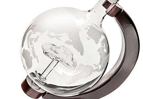 50 oz Handmade Etched Globe Decanter Set with Wooden Stand and 2 Shot Glasses P940