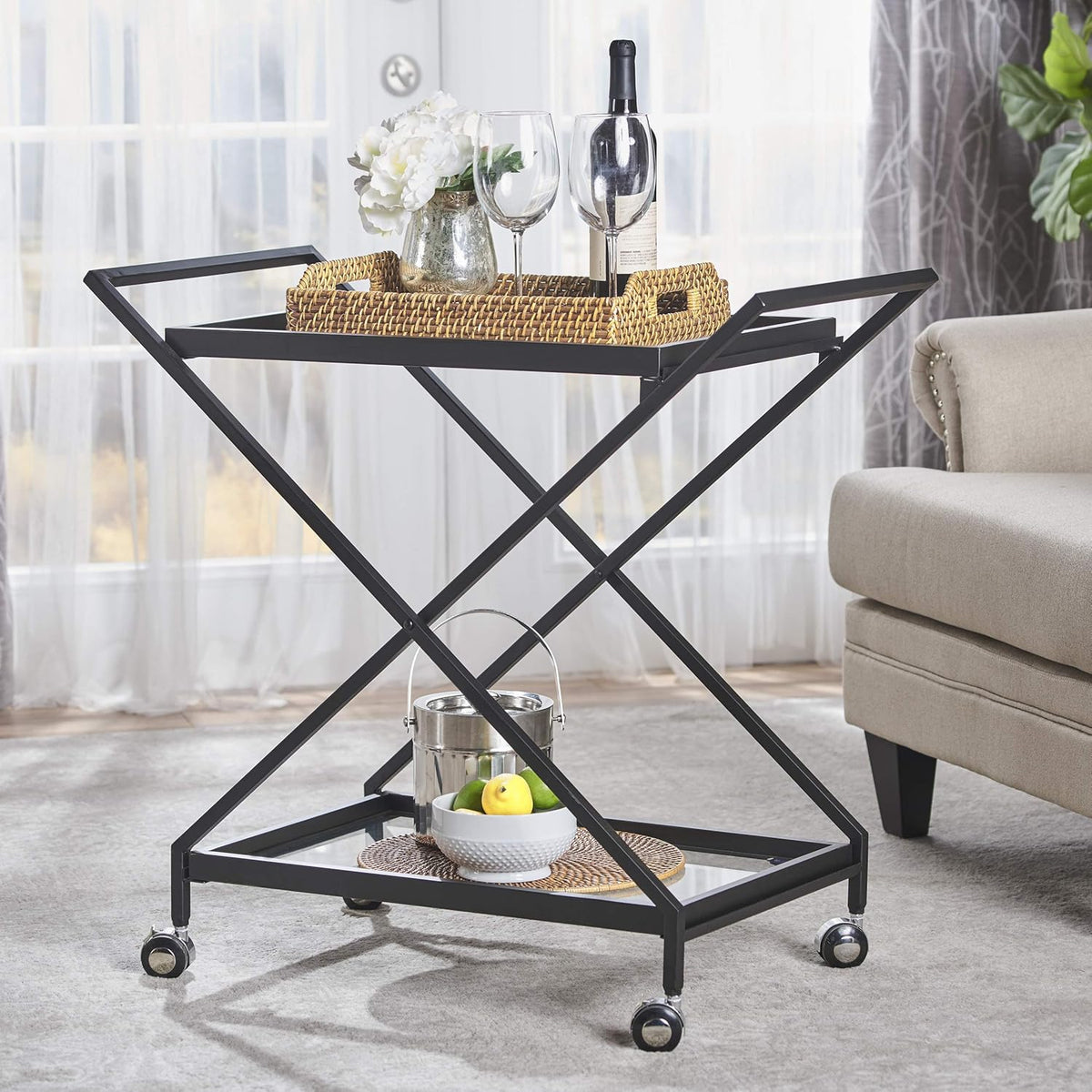 Black Industrial Iron Bar Cart with Tempered Glass Shelves N18081