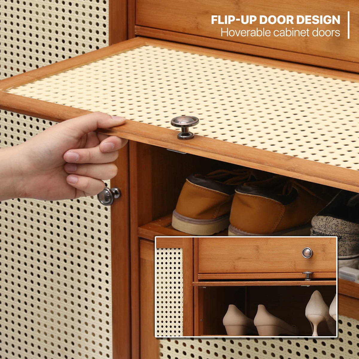 6-Tiers Rattan Shoe Storage Cabinet with Drawer, 32 Pairs, 8 Boots Compartments, Brown W95938