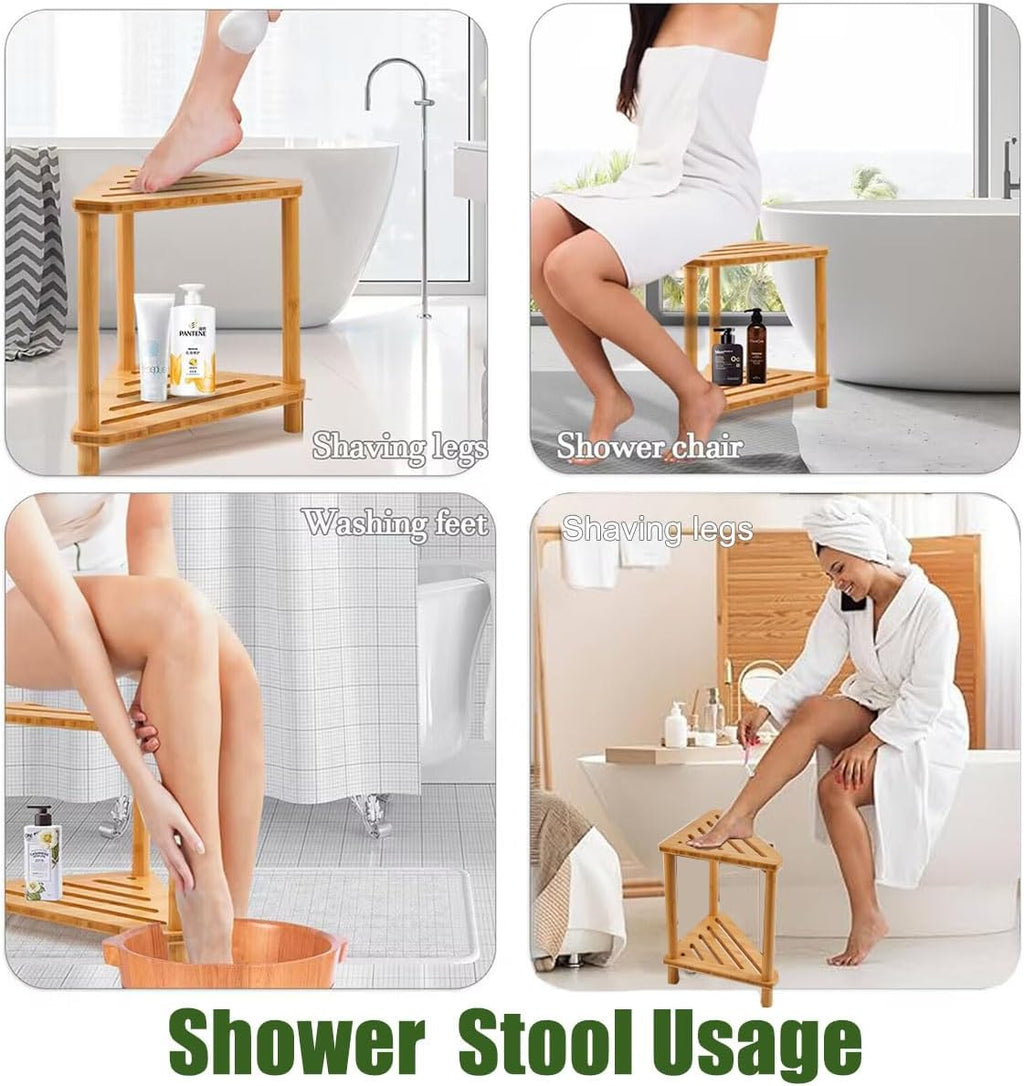 Bamboo Corner Shower Stool with Storage Shelf S55367