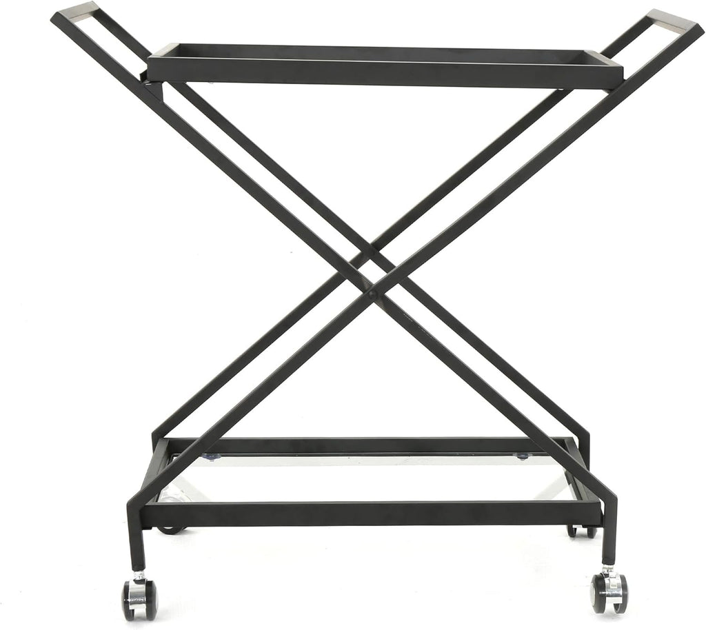Black Industrial Iron Bar Cart with Tempered Glass Shelves N18081