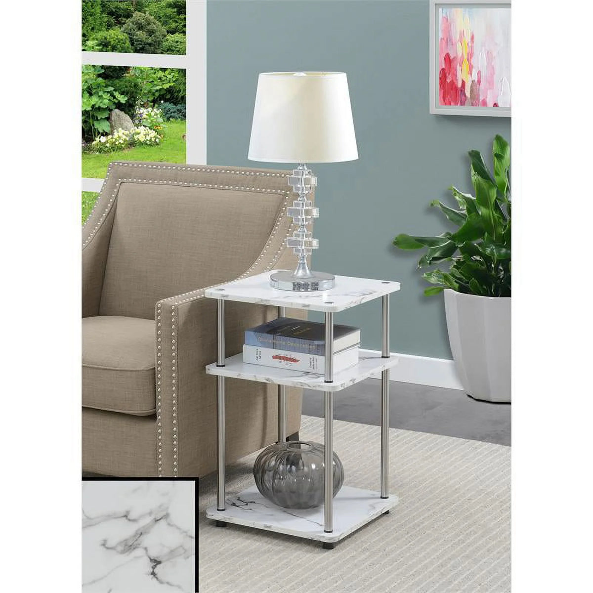 White Faux Marble Three-Tier End Table Set of 2 B19957
