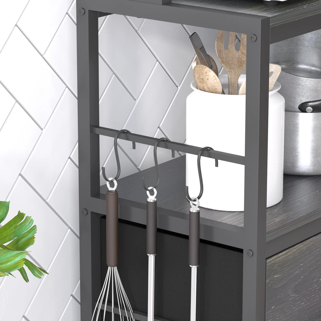5-Tier Black Wood Kitchen Storage Shelf with Baskets and Hooks F8168