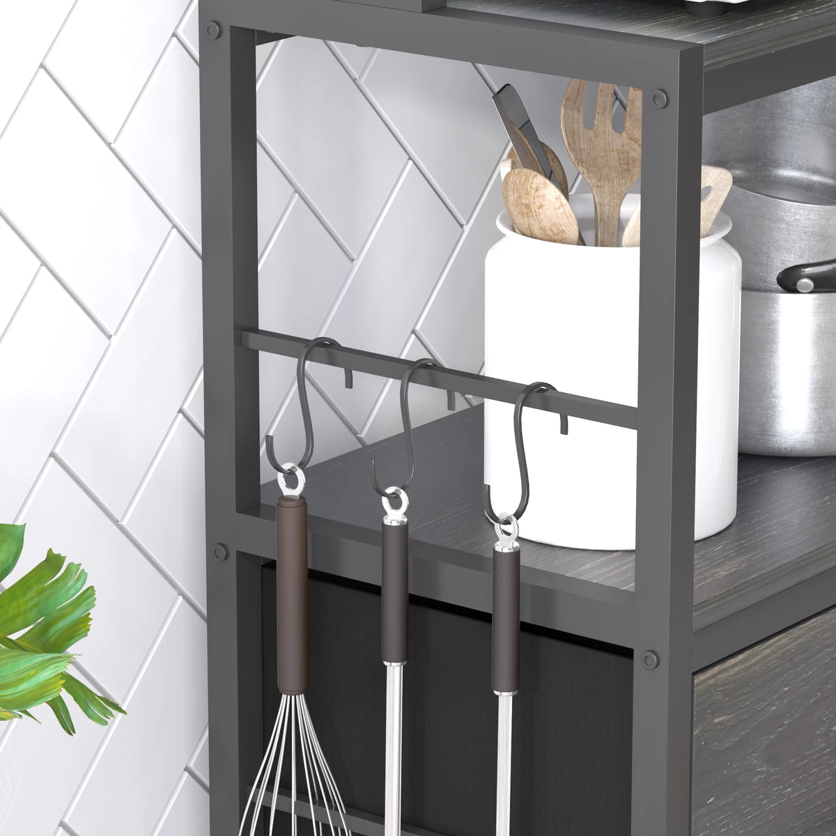 5-Tier Black Wood Kitchen Storage Shelf with Baskets and Hooks F8168