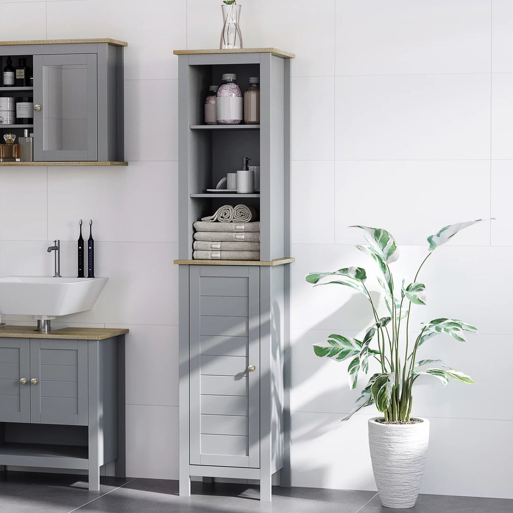 Grey Tall Bathroom Storage Cabinet with 3 Tier Shelf and Door E819538