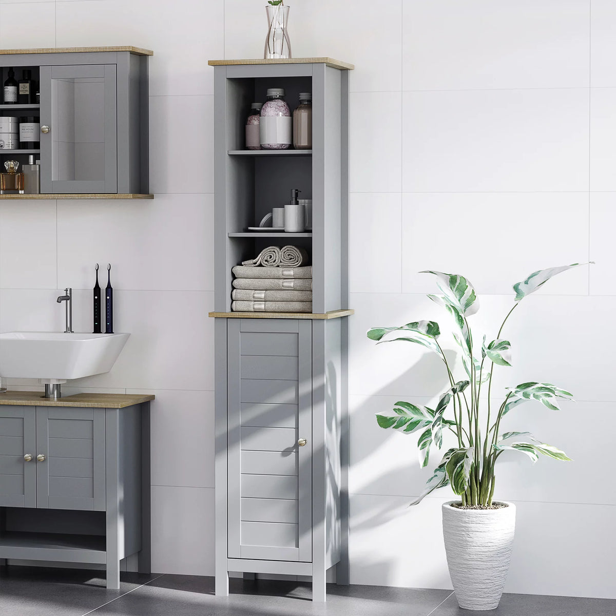 Grey Tall Bathroom Storage Cabinet with 3 Tier Shelf and Door E819538