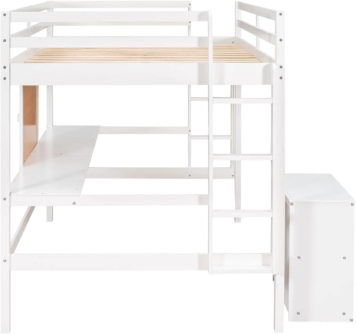 White Full Size Wood Loft Bed Frame with Desk and Storage Shelves R25158