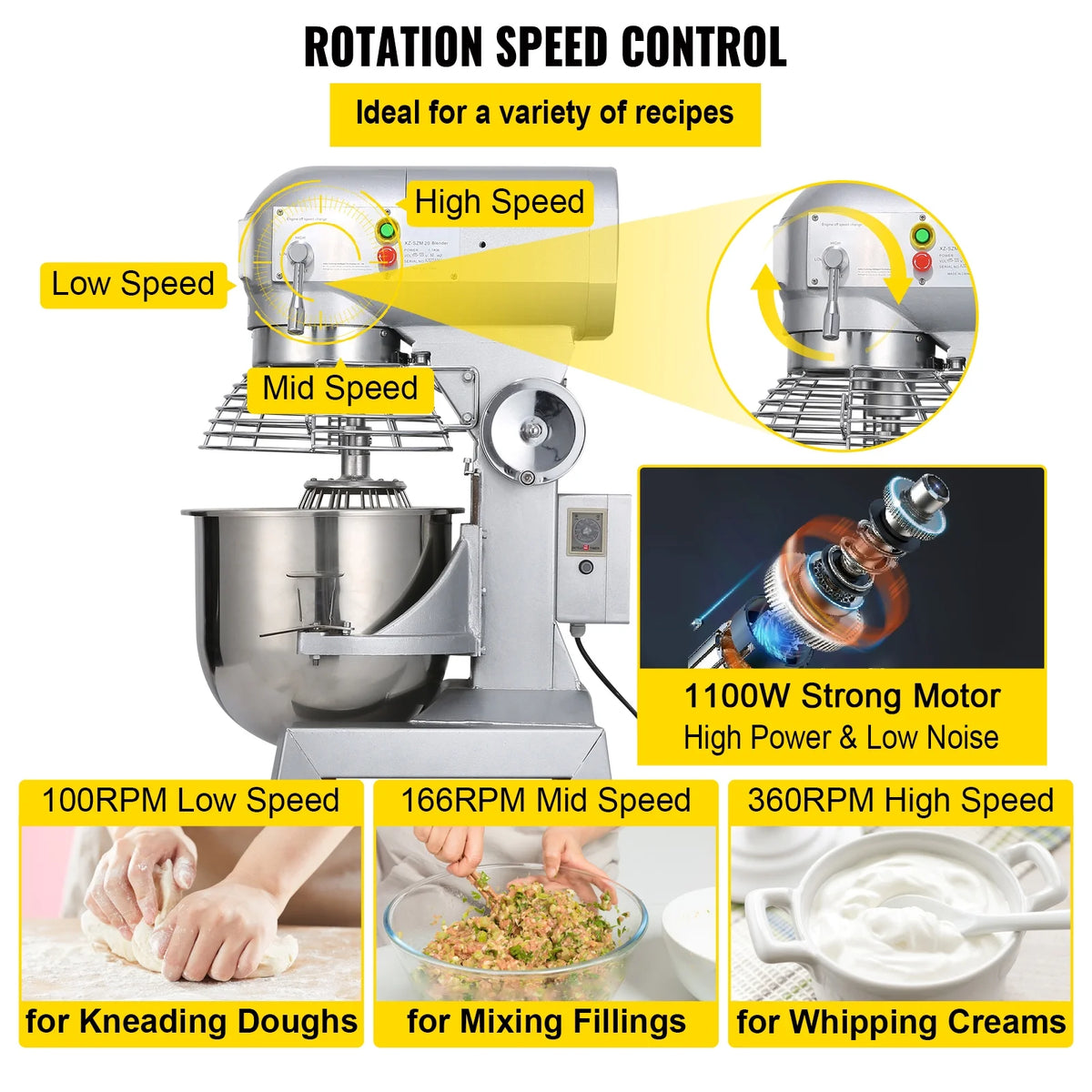 Commercial Food Mixer 20Qt 750W 3 Speeds Stainless Steel Bowl S55415