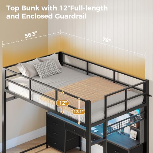 Full Size Metal Loft Bed with Desk and 8 Drawers L77307
