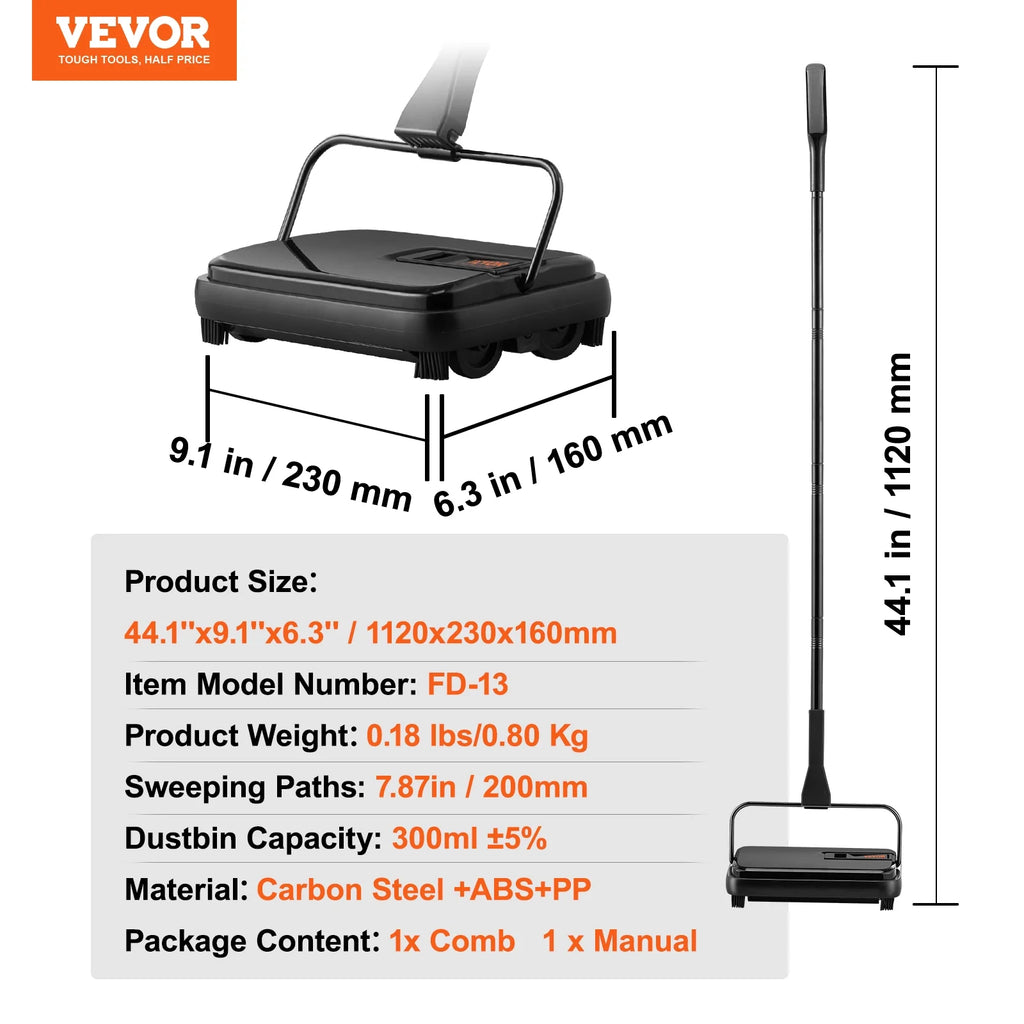 Carpet Sweeper Manual 7.87 in Non Electric Horsehair Black S760