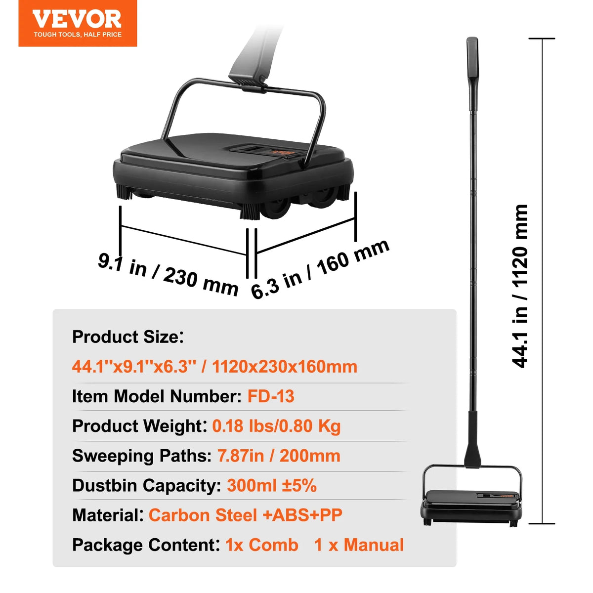 Carpet Sweeper Manual 7.87 in Non Electric Horsehair Black S760