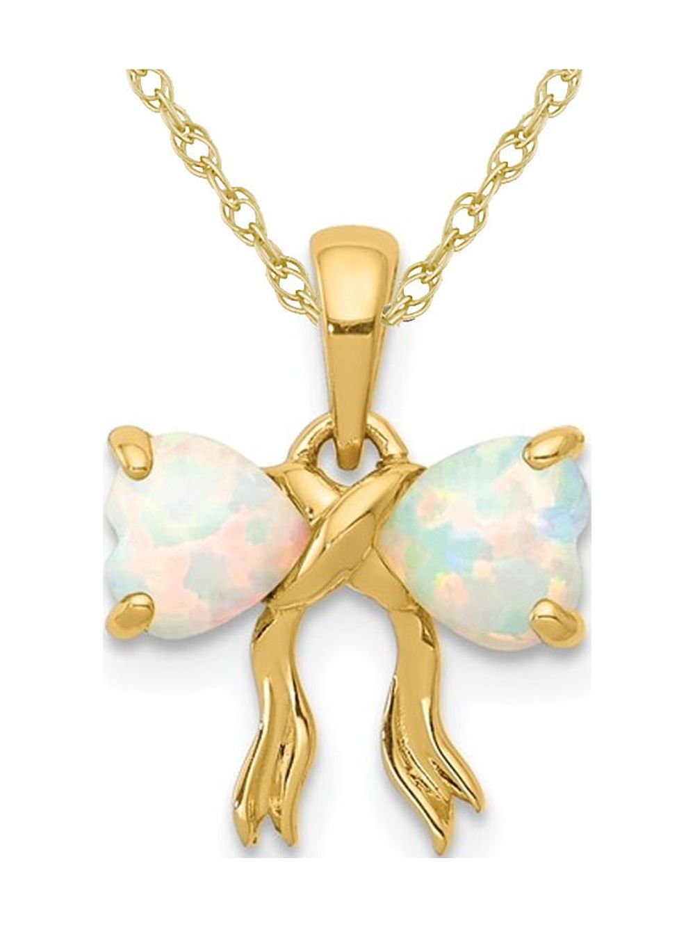 1/2 Carat (Ctw) Lab Created Opal Bow Ribbon Pendant Necklace in 14K Yellow Gold with Chain D264184