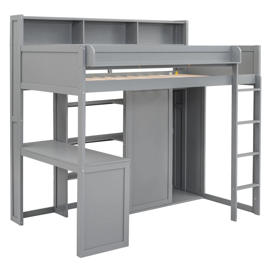 Gray Pine Wood Twin Size Loft Bed with Desk and Wardrobe Q291833