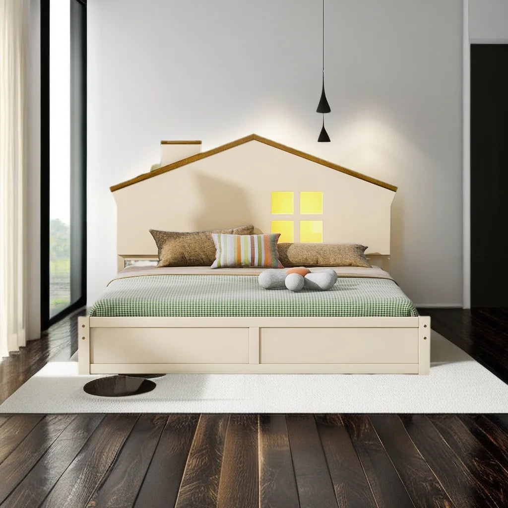 Full Size Wood Platform Bed with House-Shaped Headboard and LED Y237