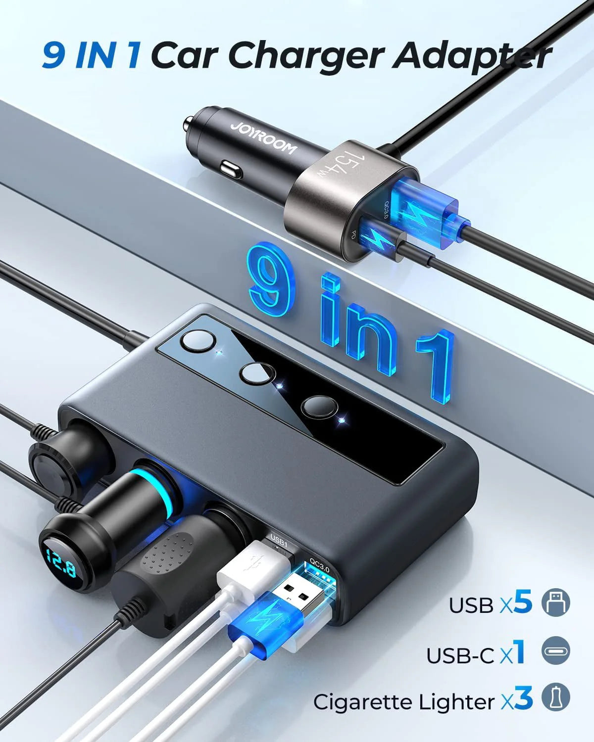 3 Socket 154W PD & QC 3.0 USB Car Charger V250