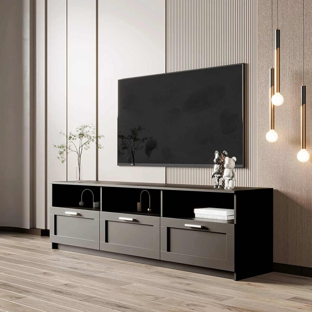 Black TV Stand with Storage Drawers and Open Shelves P869