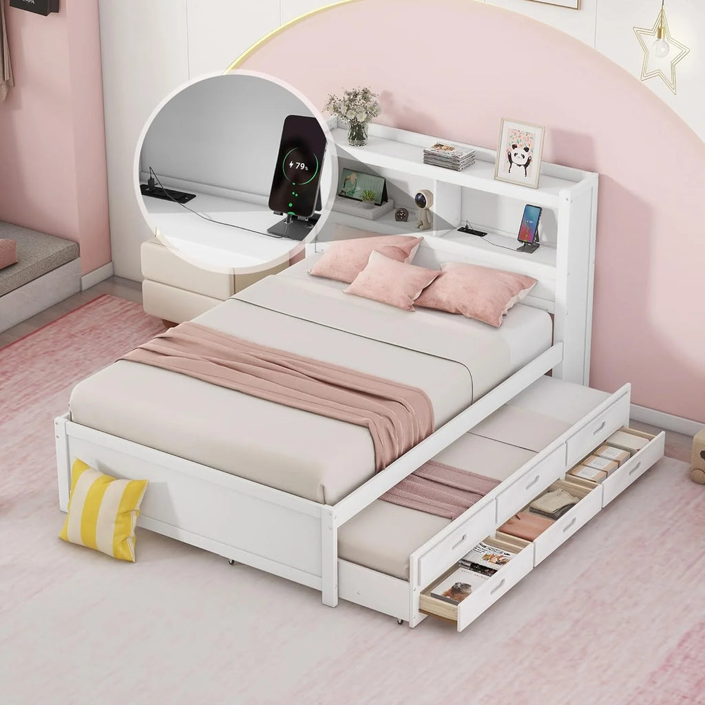 White Full Size Wood Platform Bed with Trundle and Storage Drawers D200