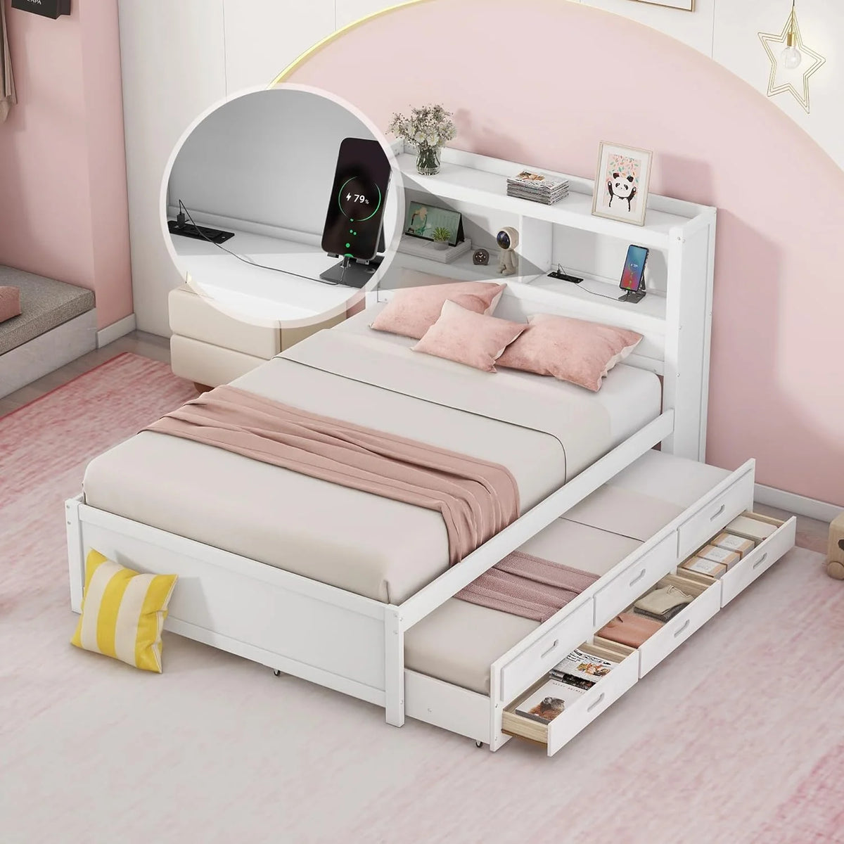 White Full Size Wood Platform Bed with Trundle and Storage Drawers D200