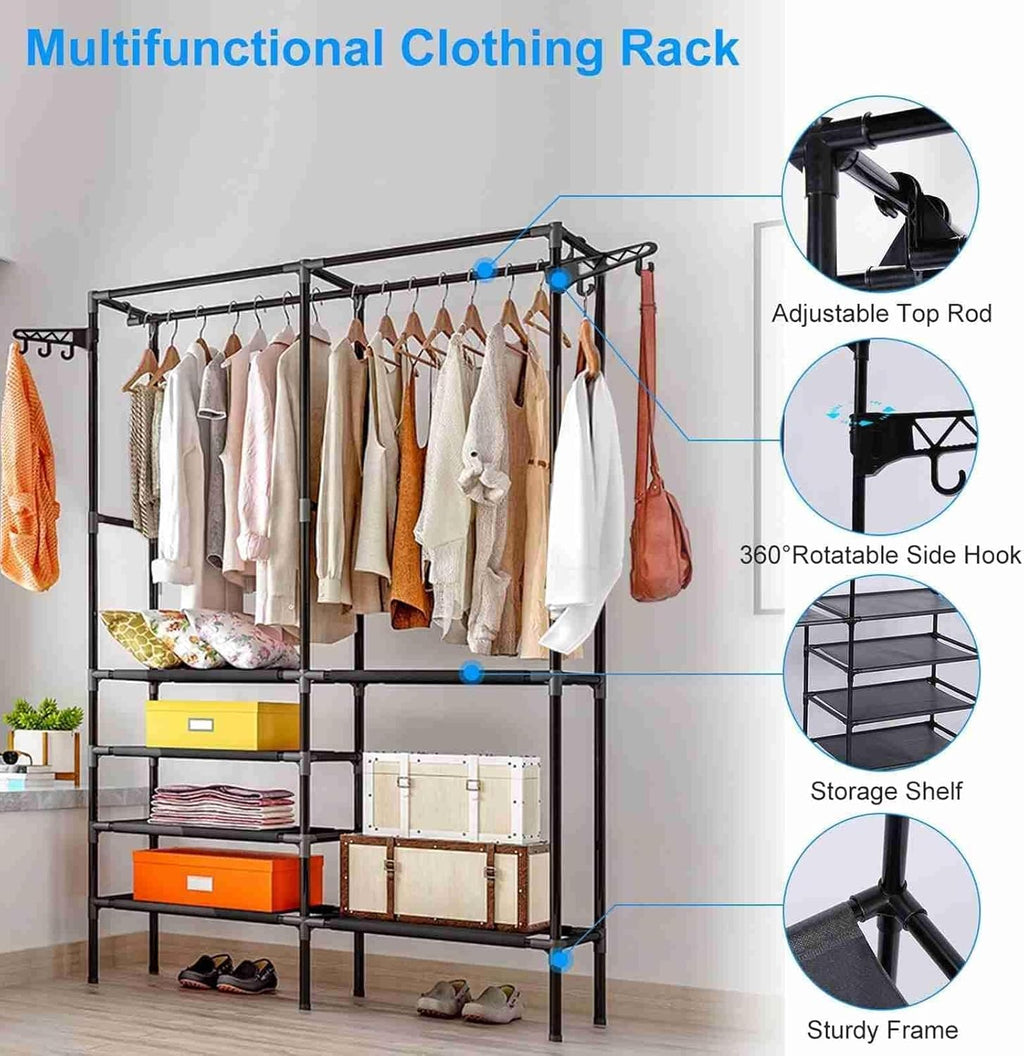 66'' Coated Metal 4 Tiers Garment Rack with 4 Hooks & 2 Hanging Rods M777