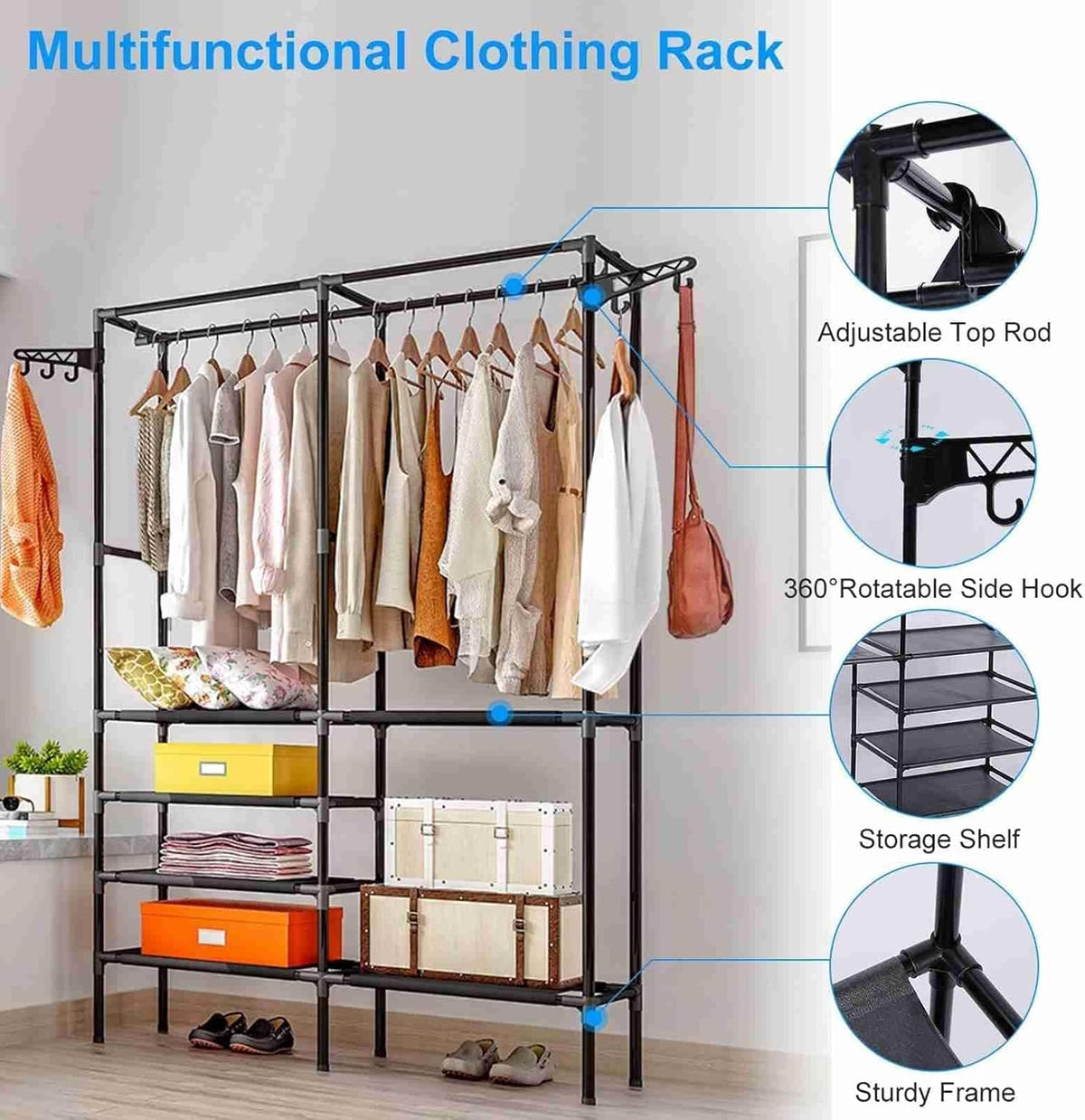 66'' Coated Metal 4 Tiers Garment Rack with 4 Hooks & 2 Hanging Rods M777