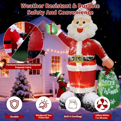 12FT Giant Christmas Inflatable Santa Claus with LED Lights and Gift Bag I77368