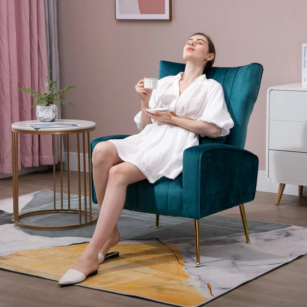 Blue Teal Velvet Accent Chair Set of 2 with Lumbar Pillow Z7608