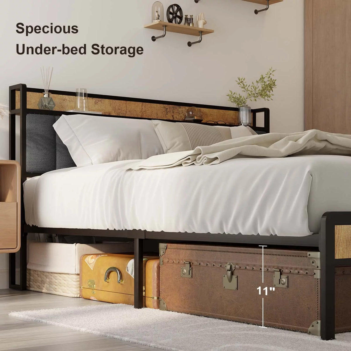 Queen Size Bed Frame with Storage Headboard Dark Grey K6500