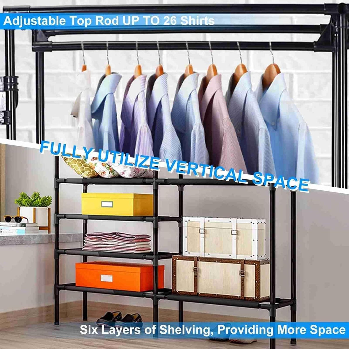 66'' Coated Metal 4 Tiers Garment Rack with 4 Hooks & 2 Hanging Rods M777