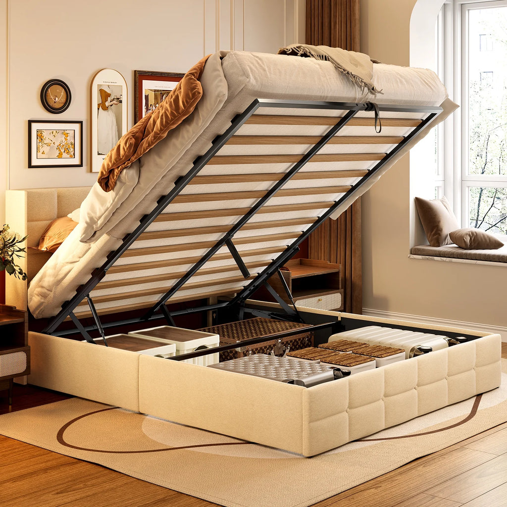 Beige Full Size Hydraulic Storage Bed Frame with Wingback Headboard L12627