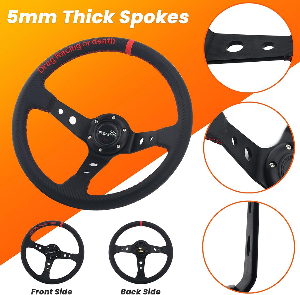 350mm Deep Dish 6 Bolt PU Carbon Fiber Racing Steering Wheel I238811