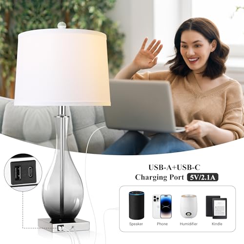 Touch Control 3-Way Dimmable Glass Table Lamps Set of 2 with USB C and A Charging Ports Y29070