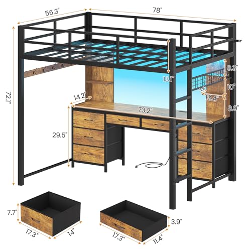 Full Size Metal Loft Bed with Desk and 8 Drawers L77307