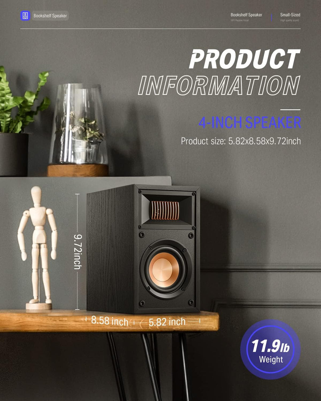 Passive Bookshelf Speakers 4 inch 2.0 Stereo Pair Black P2840