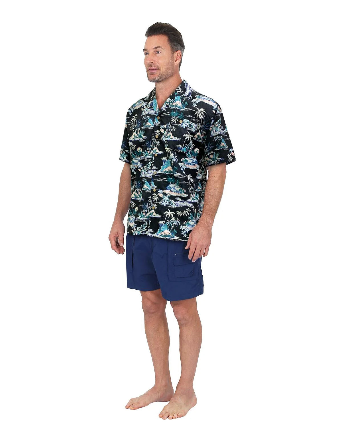 Black Tiki Hut Print Button Down Short Sleeve Shirt B23155
