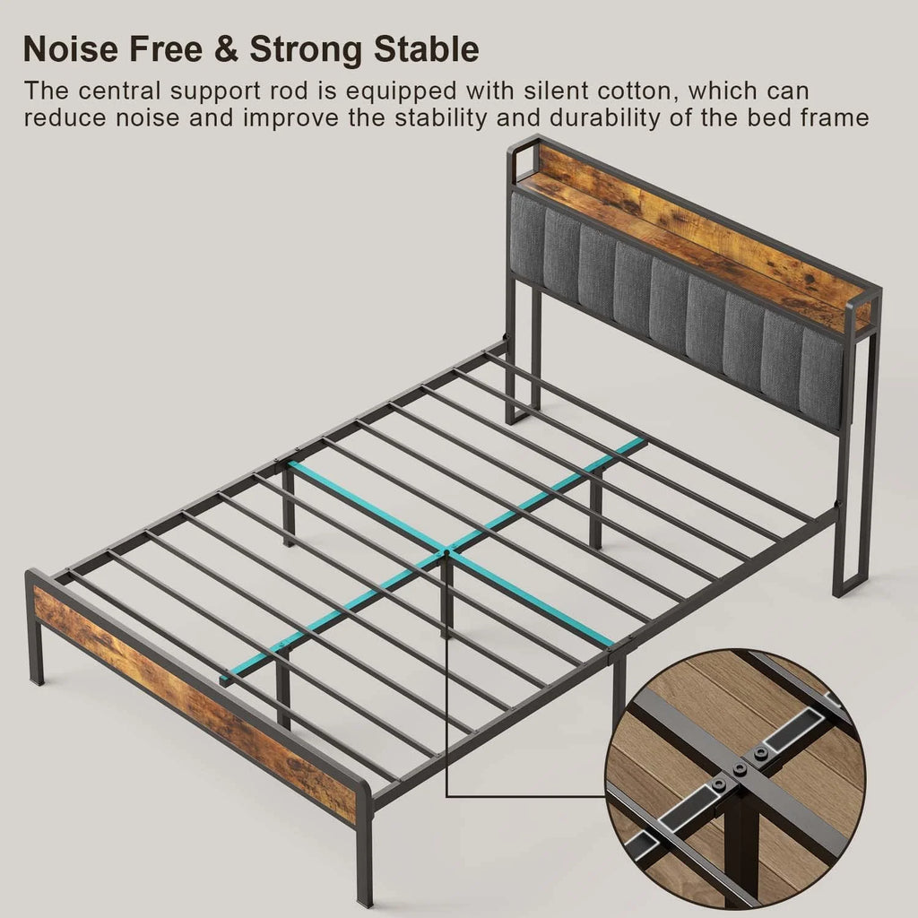 Queen Size Bed Frame with Storage Headboard Dark Grey K6500