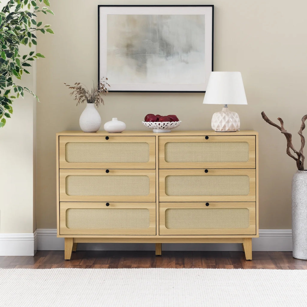 6 Drawer Wooden Dresser with Rattan Drawers L3229