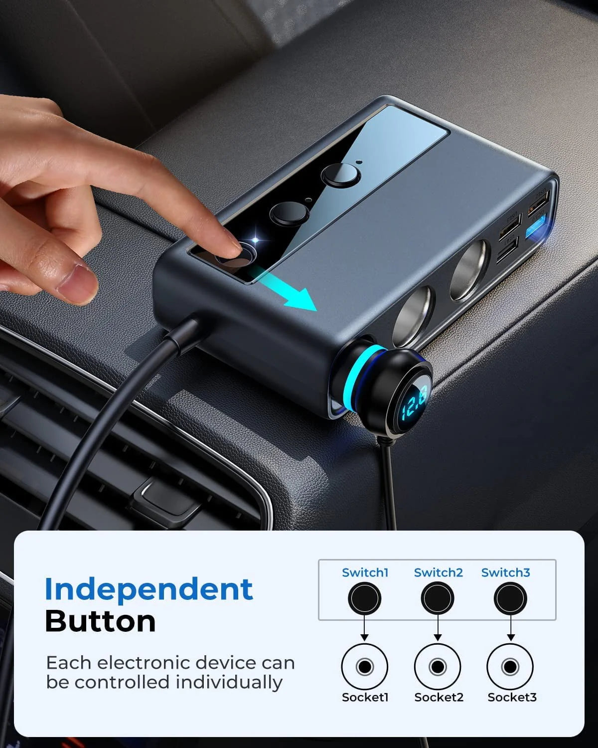 3 Socket 154W PD & QC 3.0 USB Car Charger V250