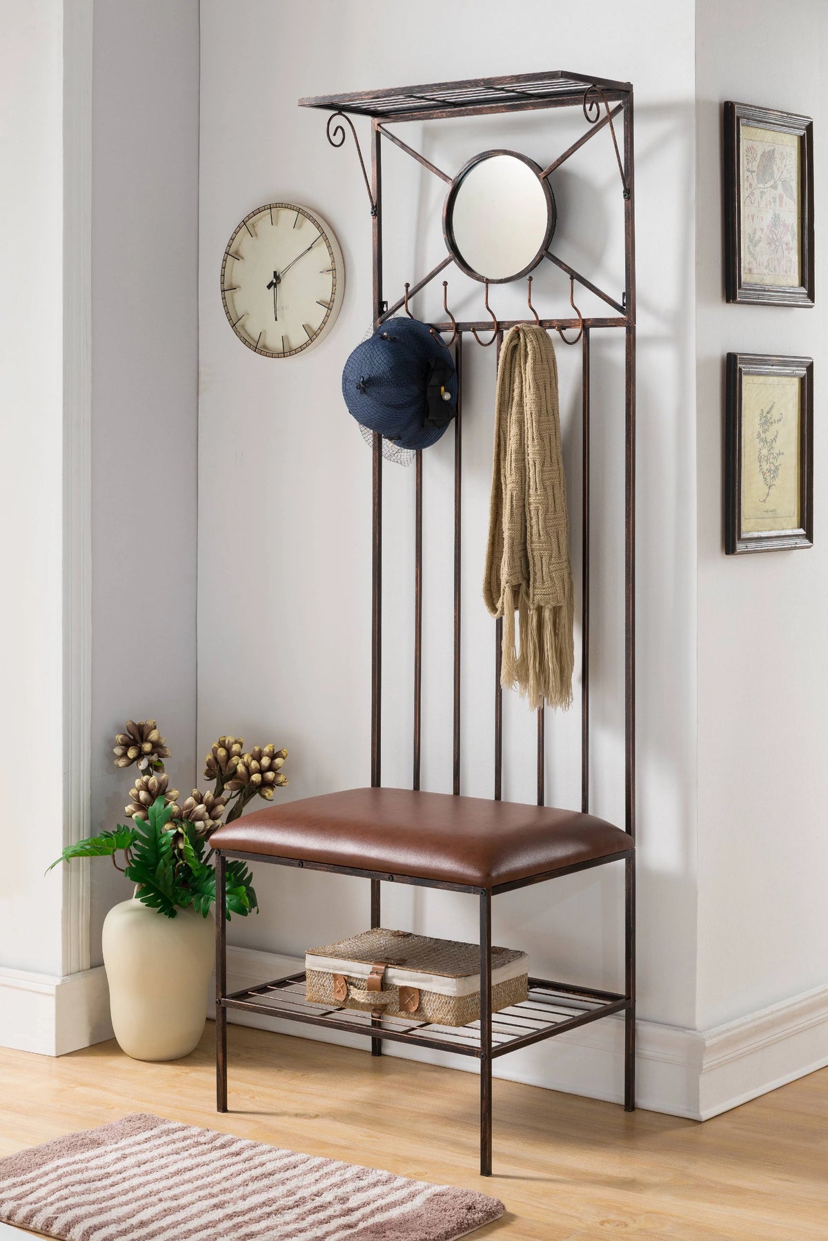 Copper Metal Storage Bench & Coat Rack with Mirror K22755