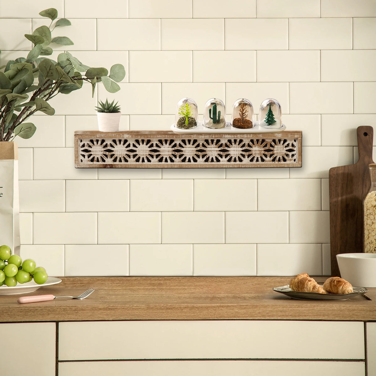 Hand-Carved Wooden Floral-Patterned Floating Wall Shelf Q732435