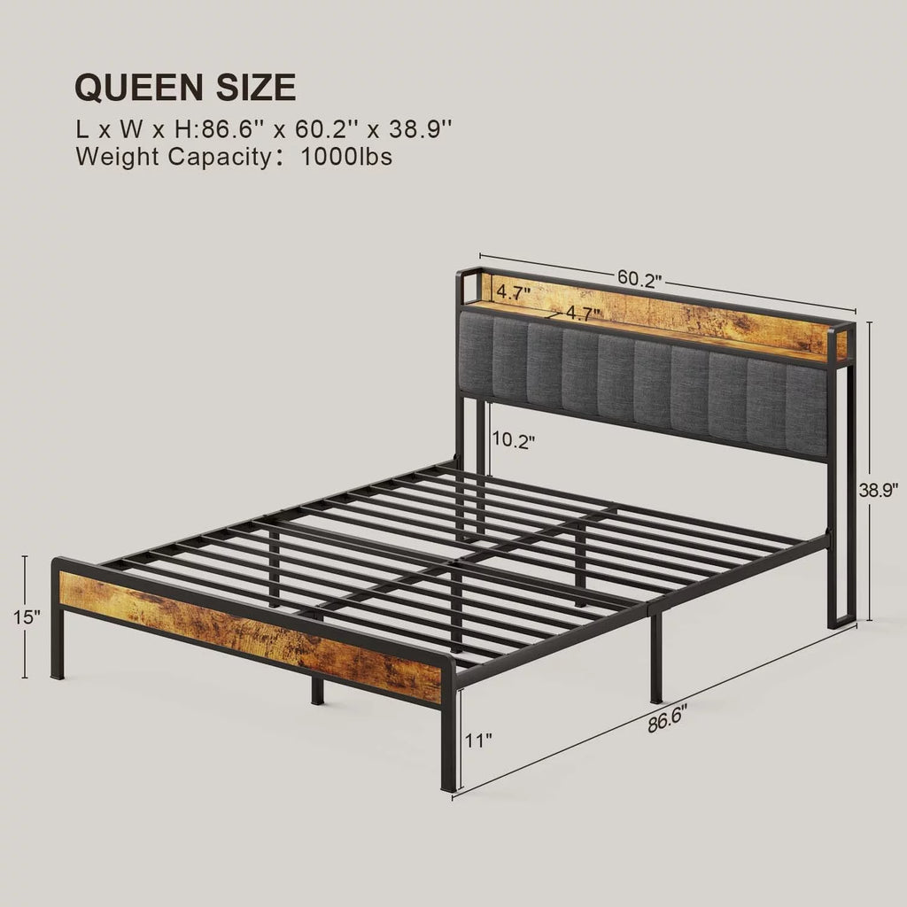 Queen Size Bed Frame with Storage Headboard Dark Grey K6500