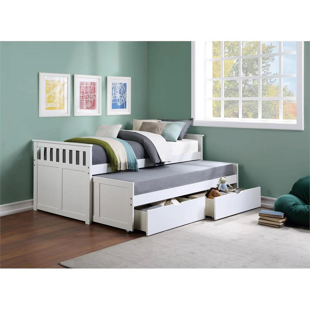 White Wood Twin Bed with Storage Boxes T177859