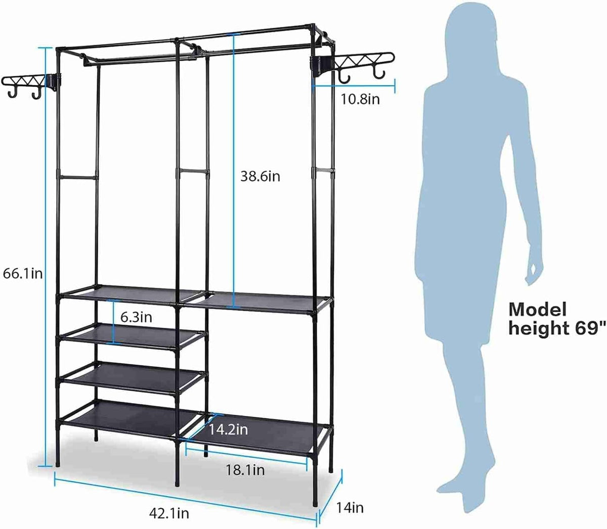 66'' Coated Metal 4 Tiers Garment Rack with 4 Hooks & 2 Hanging Rods M777