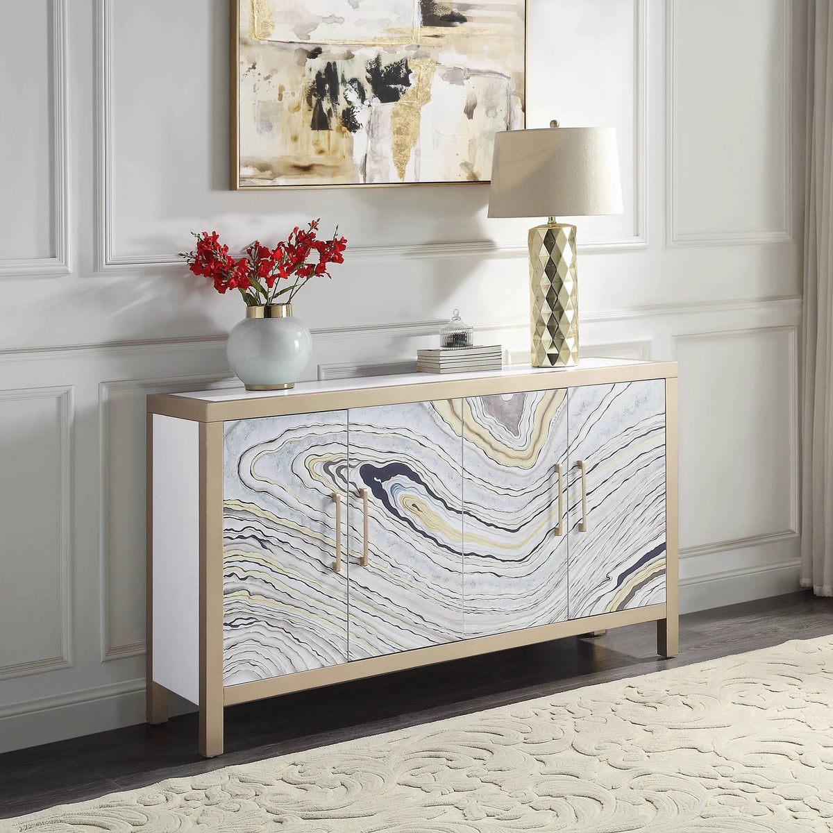 White and Gold Rectangular Console Table B354