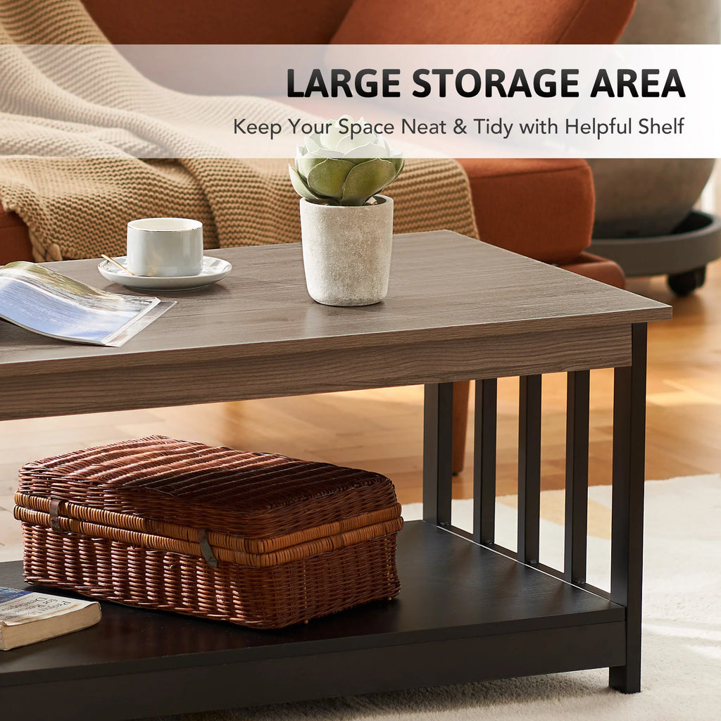Farmhouse Coffee Table with Teak Top & Ebony Lower Shelf R1320