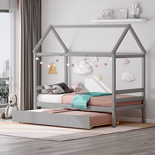 Twin Size Grey Wood House Bed with 2 Drawers M9742