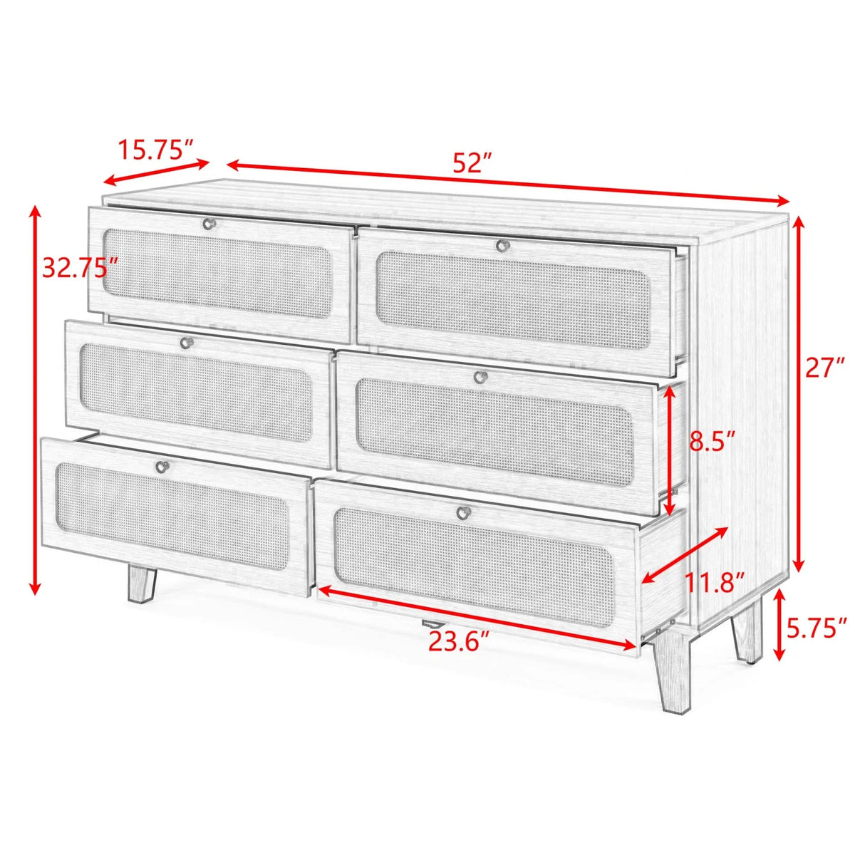 6 Drawer Wooden Dresser with Rattan Drawers L3229