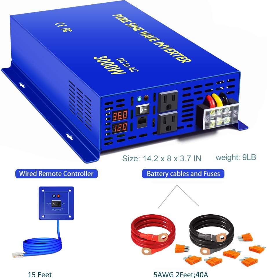 3000W Pure Sine Wave Power Inverter 36V DC to AC 120V 110V with 15ft Cable Remote Switch Controller W876885
