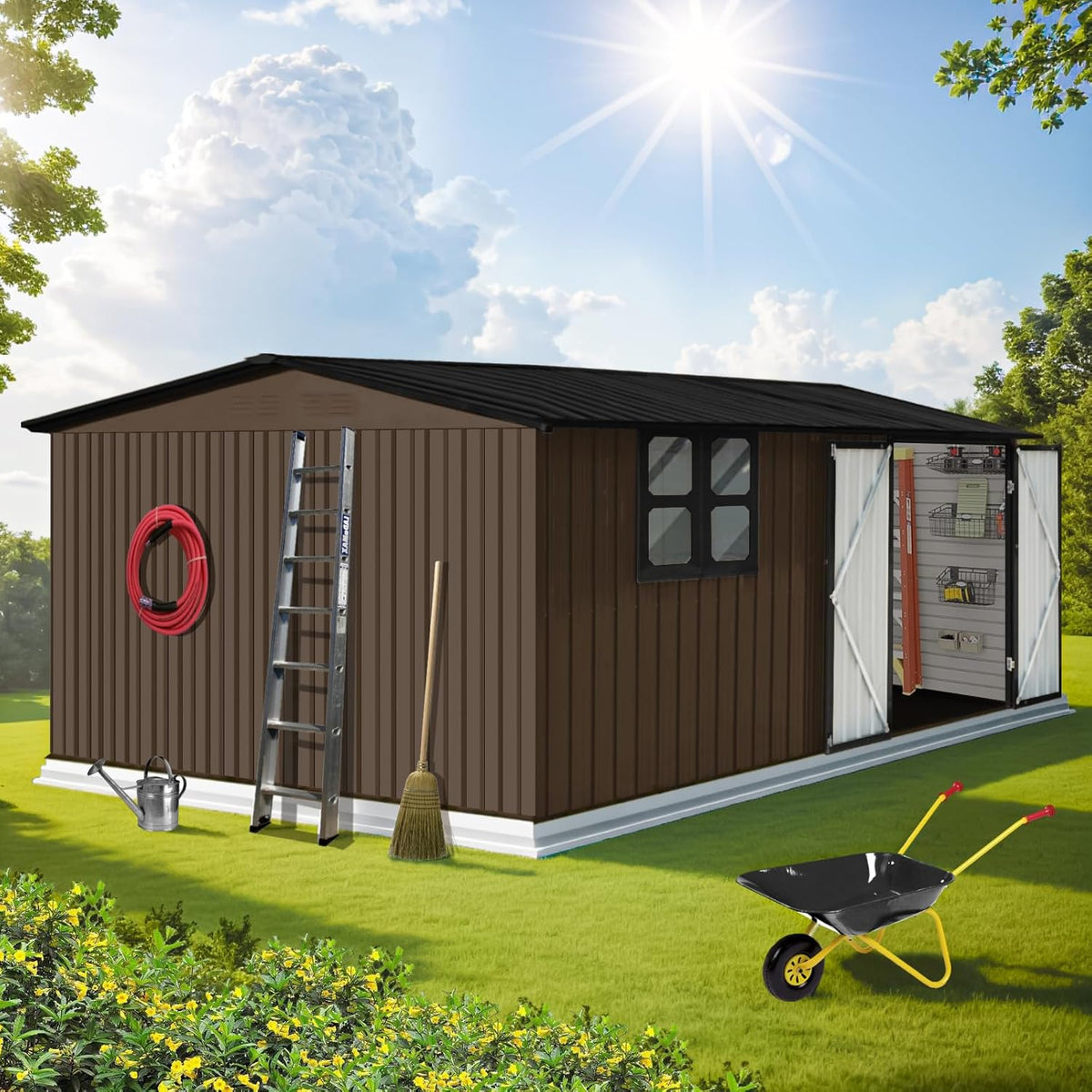 12x10 FT Metal Garden Shed Brown Z173