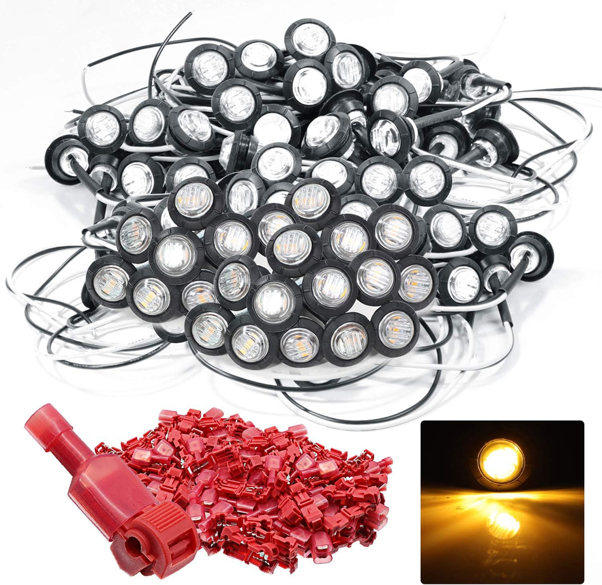 200 Pack 3/4 Inch Mini Round Amber Red LED Side Marker Indicator Lights 12V DC I567708